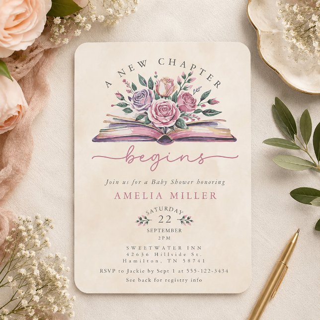 Invitación Un Nuevo Capítulo Comienza Libro Floral Shower de  (A New Chapter Begins Floral Book Baby Shower Invitation)