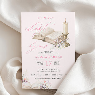 Invitación Un nuevo capítulo comienza libro niña rosa baby sh