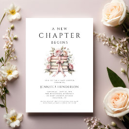 Invitación Un Nuevo Capítulo Comienza Libros con Lazo Rosa Ba