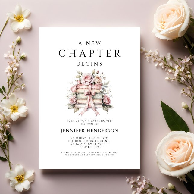 Invitación Un Nuevo Capítulo Comienza Libros con Lazo Rosa Ba (A New Chapter Begins Pink Bow Books Baby Shower Invitation)