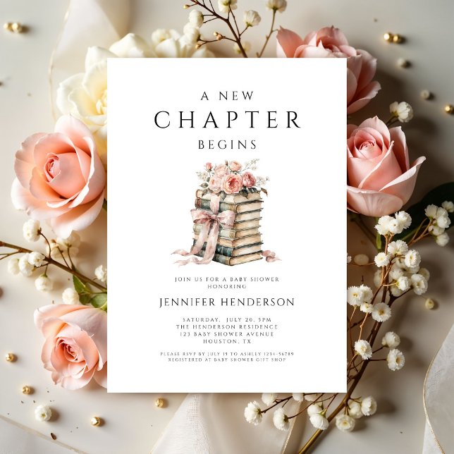 Invitación Un Nuevo Capítulo Comienza Libros de Lazo Rosa Fie (A New Chapter Begins Pink Bow Books Baby Shower Invitation)