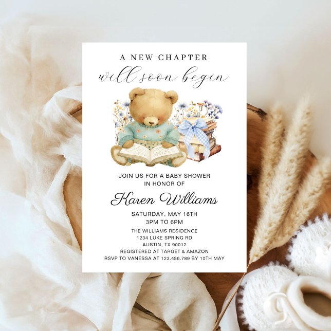 Invitación Un Nuevo Capítulo Comienza Libros y Oso Bebé Showe (A new chapter will soon begin Boy bear books baby shower invitation)