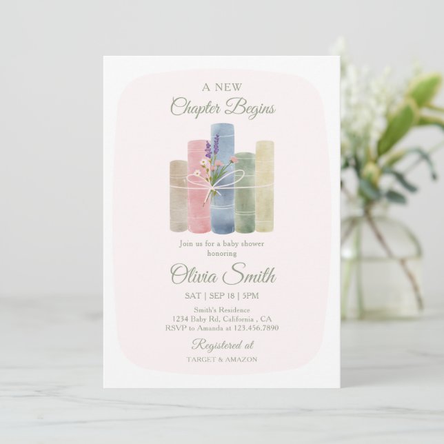 Invitación Un Nuevo Capítulo Comienza Shower de Bebé Rosa Pas (Anverso de pie)