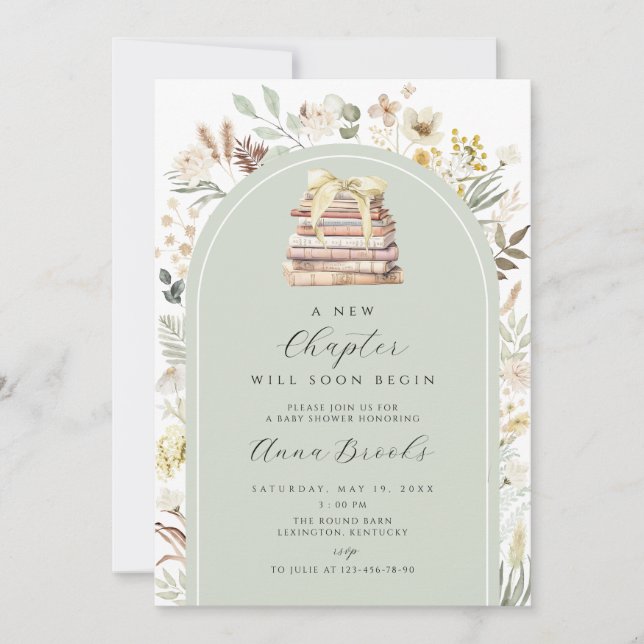 Invitación un nuevo capítulo de Baby Shower neutral en materi (Anverso)