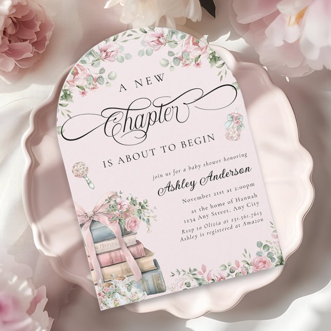 Invitación Un nuevo capítulo de Chica floral rosa Baby Shower (Subido por el creador)