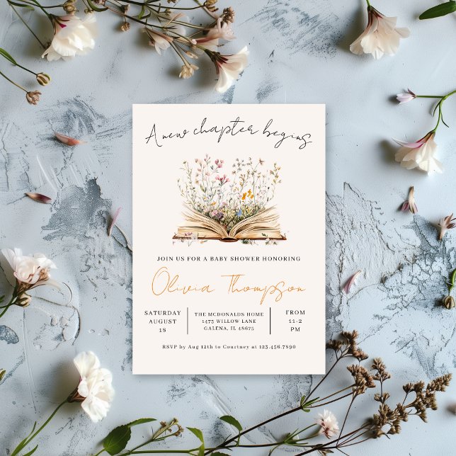 Invitación Un nuevo capítulo inicia Baby Shower de flores sil (Subido por el creador)
