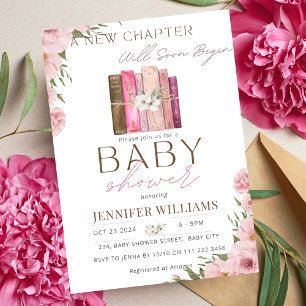 Invitación Un nuevo capítulo inicia Baby Shower rosa Chica fl