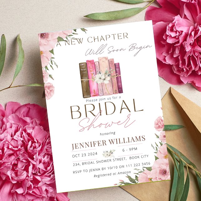 Invitación Un nuevo capítulo inicia ducha de novias rosa flor (A New Chapter Begins Will Soon Begin Floral Pink Bridal Shower Invitation)