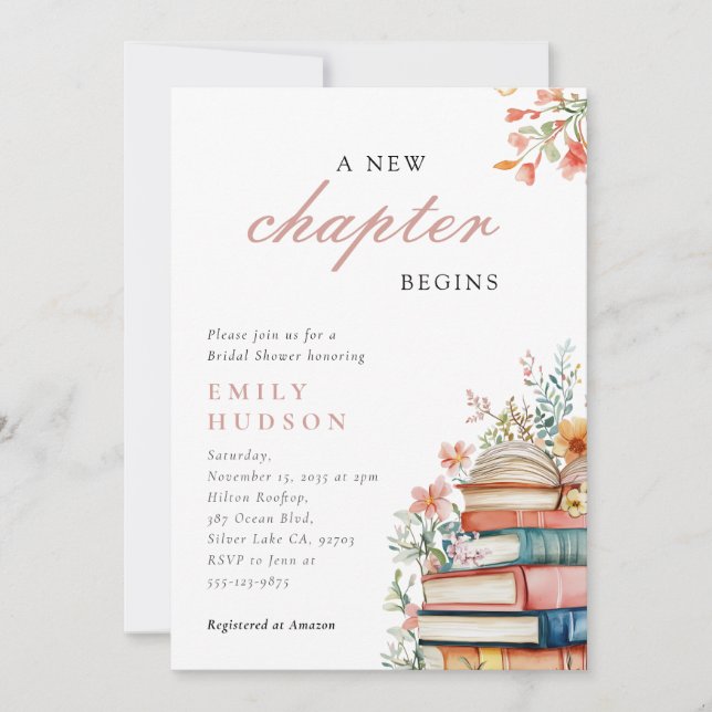 Invitación Un nuevo capítulo inicia libros ducha de novias (Anverso)
