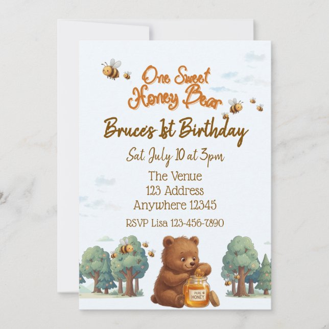 Invitación Un Oso de Miel Dulce, 1er Cumpleaños (Anverso)