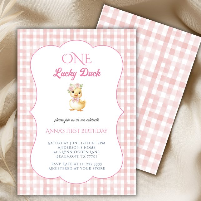 Invitación Un Pato Afortunado 1ra Niña Cumpleaños Gingham Ros (Subido por el creador)