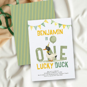 Invitación Un Pato Afortunado Acuarela Verde Niño Cumple 1 Añ