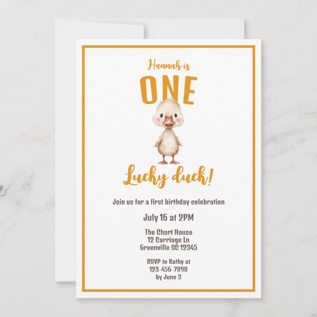 Invitación Un pato afortunado cumple su primer año (Anverso)