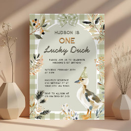 Invitación Un Pato Afortunado Cute Duckling Gingham Primer Cu
