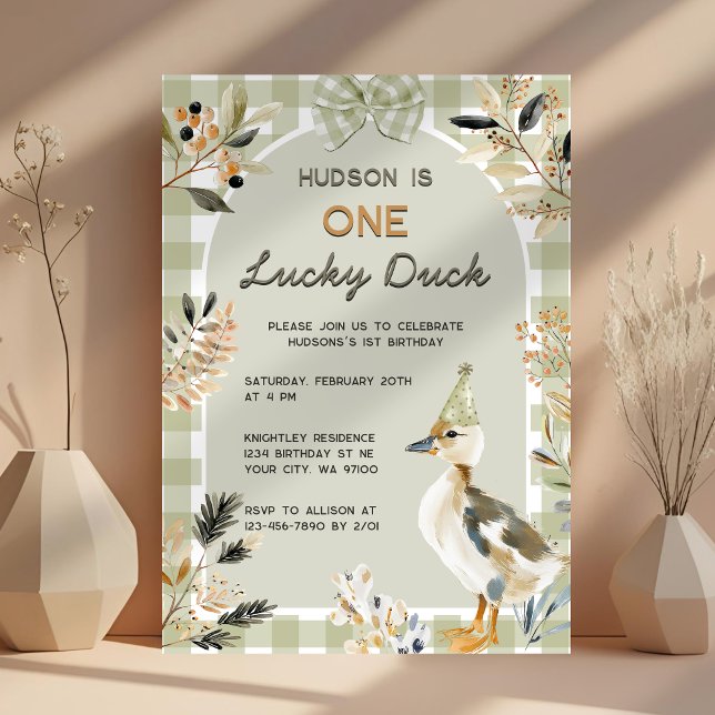 Invitación Un Pato Afortunado Cute Duckling Gingham Primer Cu (Subido por el creador)