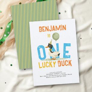 Invitación Un Pato Afortunado Niño Naranja Azul Cumpleaños 1