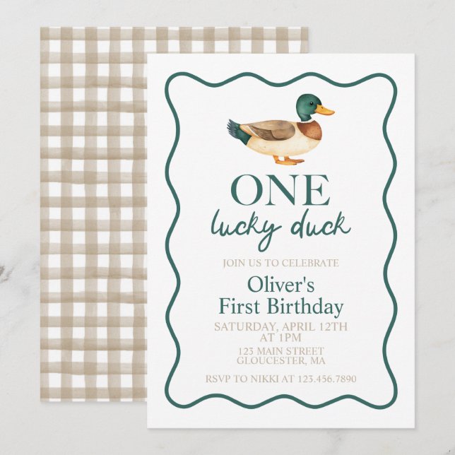 Invitación Un pato afortunado primer cumpleaños (Anverso / Reverso)