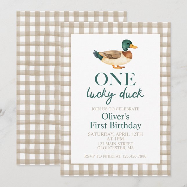 Invitación Un pato afortunado primer cumpleaños (Anverso / Reverso)