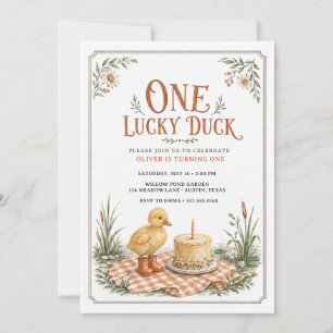 Invitación Un Pato Afortunado Vintage Gingham Primer Cumpleañ