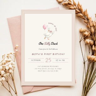 Invitación Un Pato Tonto Corbata de Lazo Rosa Primer Cumpleañ