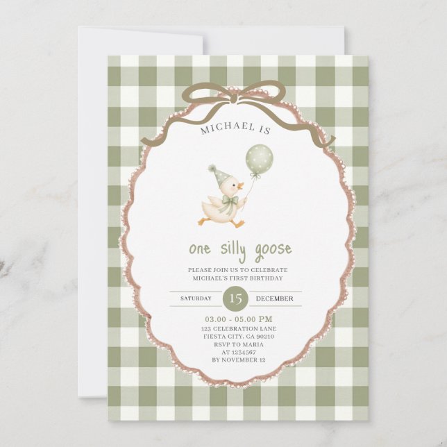 Invitación Un Pato Tonto Cumpleaños Verde Gingham Sabio (Anverso)