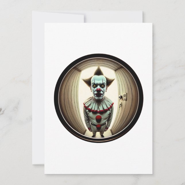 Invitación Un Payaso Intenso Mirando Por La Puerta | Fisheye (Anverso)