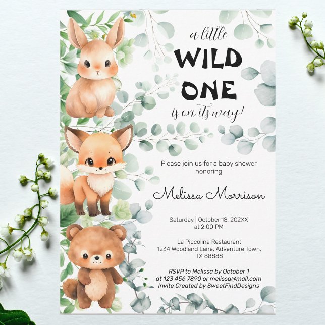 Invitación Un pequeño animal salvaje Eucalyptus Baby Shower (A Little Wild One Animals Eucalyptus Baby Shower Invitation)