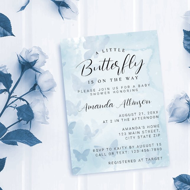 Invitación Un pequeño Baby Shower azul mariposa (Subido por el creador)