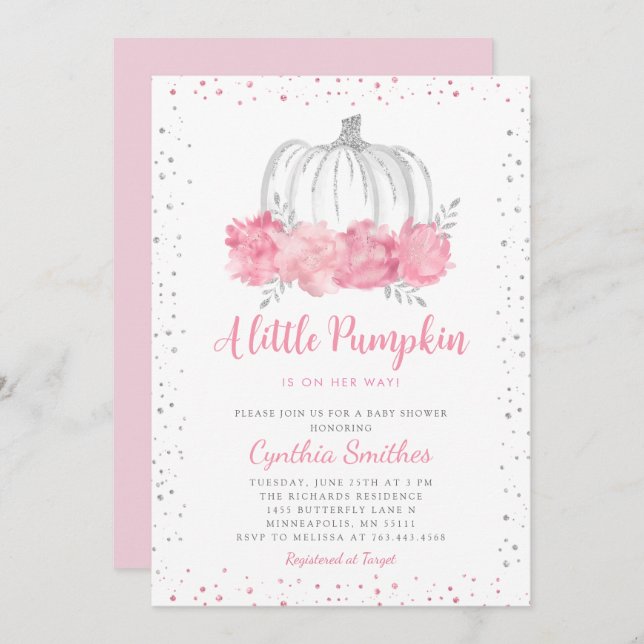 Invitación Un pequeño Baby Shower Chica de calabaza (Anverso / Reverso)