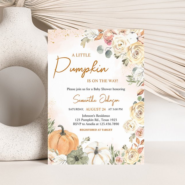 Invitación Un pequeño Baby Shower de calabaza cae (Fall Floral Pumpkin Baby Shower Invitation)