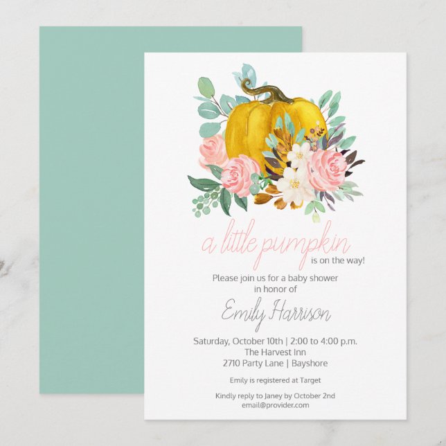 Invitación Un pequeño Baby Shower de calabaza cae (Anverso / Reverso)