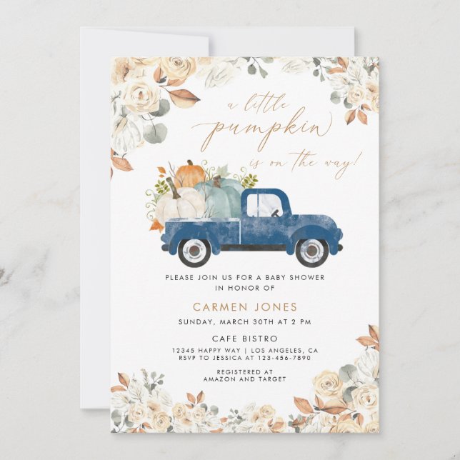 Invitación Un pequeño Baby Shower de calabaza cae | Camión az (Anverso)