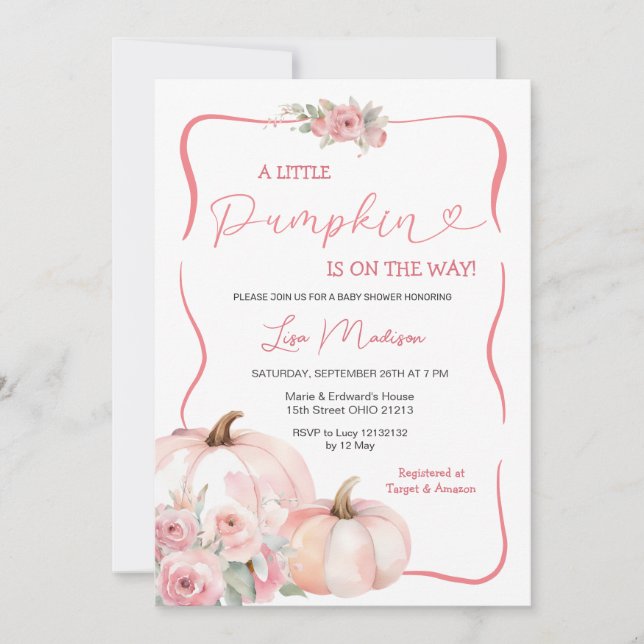 Invitación Un pequeño Baby Shower de calabaza rosa caída (Anverso)