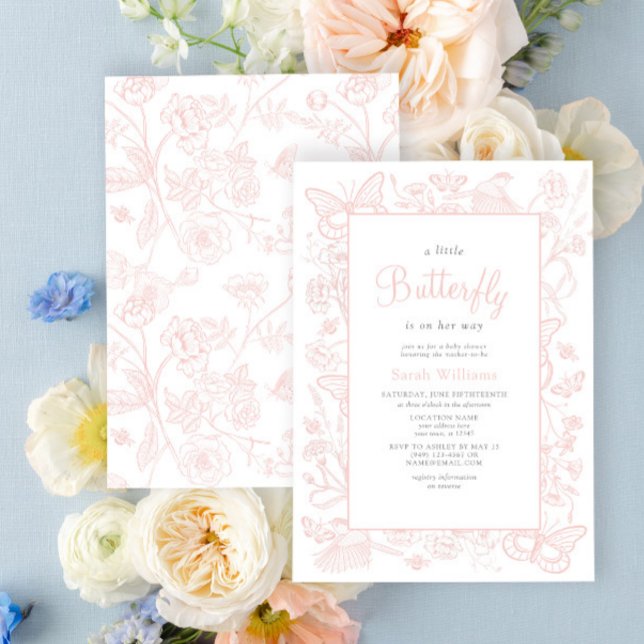 Invitación Un pequeño Baby Shower de Chica rosa de mariposa (Welcome Baby with Wings of Love 🦋💕)