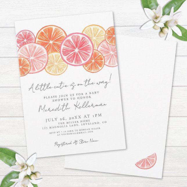 Invitación Un pequeño Baby Shower de cítricos mínimos cúbicos (A Little Cutie Minimal Citrus Baby Shower Invitation)