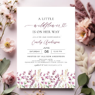 Invitación Un pequeño Baby Shower de flores silvestres morada
