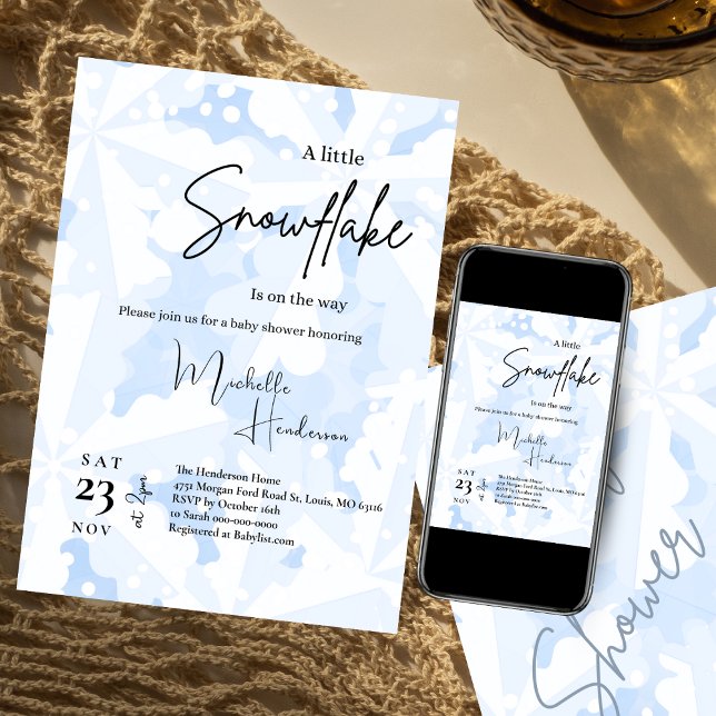Invitación Un pequeño Baby Shower de invierno azul con copo d (Subido por el creador)
