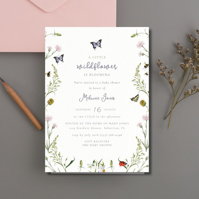 Invitación Un pequeño Baby Shower de mariposa de flores silve (A Little Wildflower Butterfly Baby Shower Invitation)