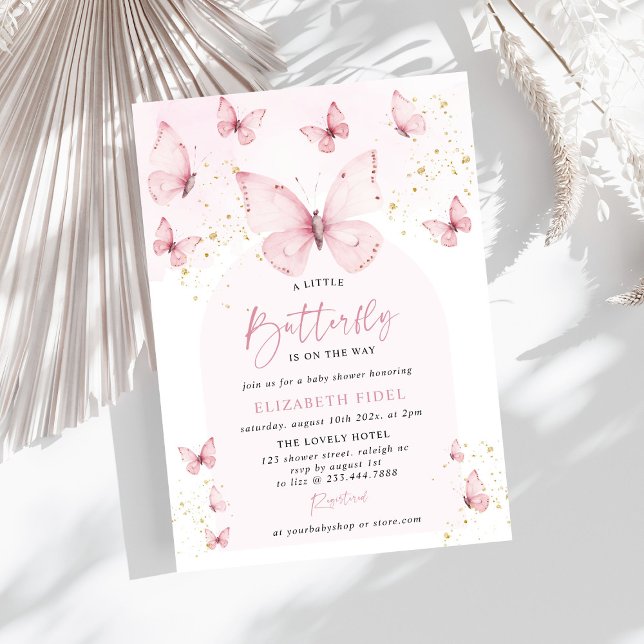Invitación Un pequeño Baby Shower de oro rosa de mariposa (Subido por el creador)