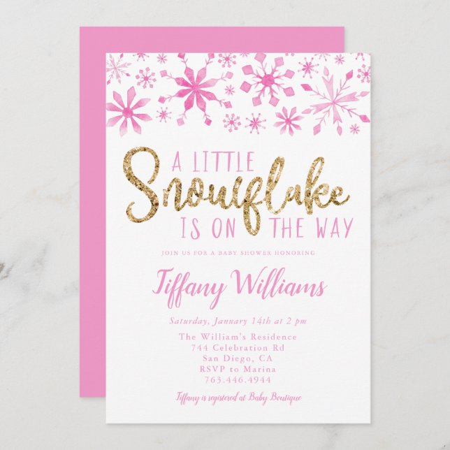 Invitación Un pequeño Baby Shower de oro rosado con copo de n (Anverso / Reverso)