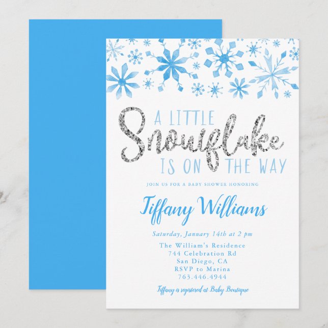 Invitación Un pequeño Baby Shower de plata azul con copas de  (Anverso / Reverso)