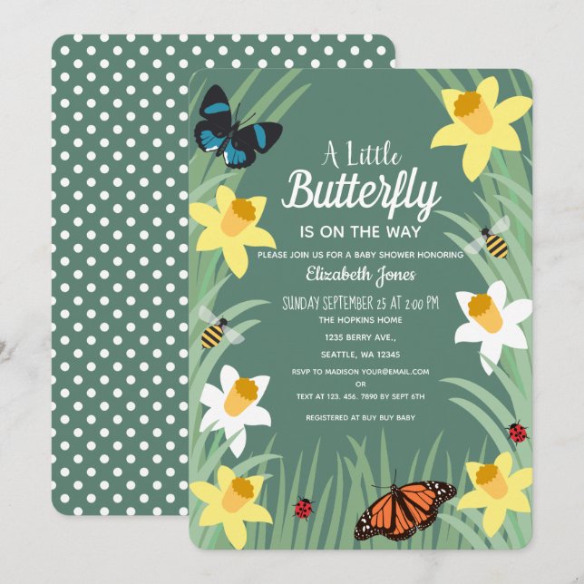 Invitación Un pequeño Baby Shower de primavera de mariposa (Anverso / Reverso)