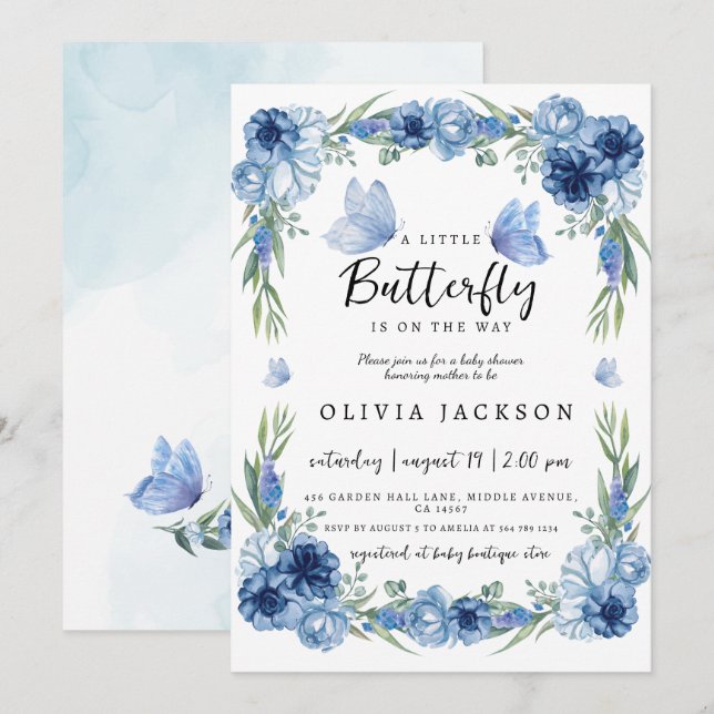 Invitación Un pequeño Baby Shower floral azul mariposa (Anverso / Reverso)
