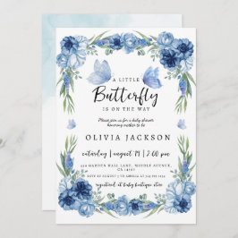 Invitación Un pequeño Baby Shower floral azul mariposa