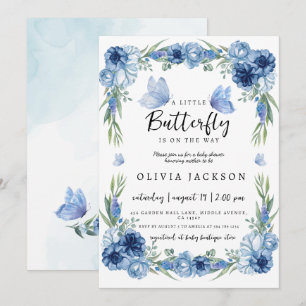 Invitación Un pequeño Baby Shower floral azul mariposa