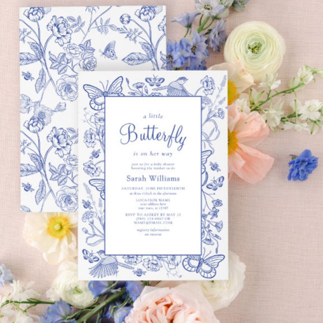 Invitación Un pequeño Baby Shower floral azul y blanco (Baby Shower Invitation)