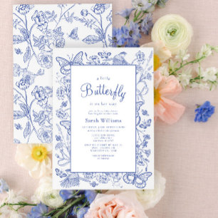 Invitación Un pequeño Baby Shower floral azul y blanco