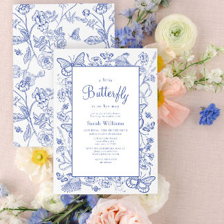 Invitación Un pequeño Baby Shower floral azul y blanco