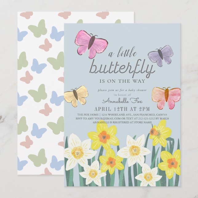 Invitación Un pequeño Baby Shower floral de mariposa (Anverso / Reverso)