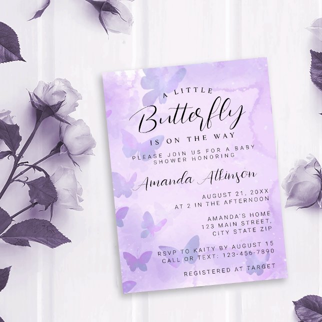 Invitación Un pequeño Baby Shower morado de mariposa (Subido por el creador)